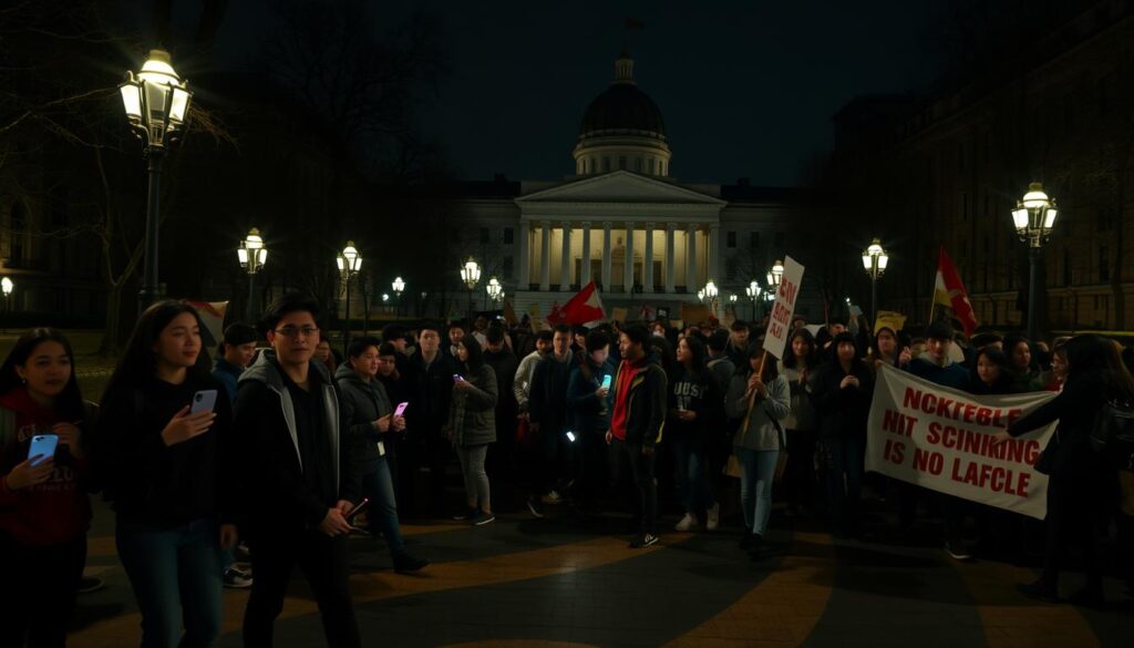 A dimly lit university campus at night, students marching with banners and chanting slogans, their faces illuminated by the glow of smartphones and flickering street lamps. In the foreground, a group of student leaders stand resolute, their expressions a mix of determination and unease, aware of the potential political consequences of their actions. The middle ground is filled with a swirling mass of protesters, their bodies casting long shadows across the pavement. In the background, looming government buildings loom, their imposing facades a silent reminder of the power structures at play. The scene exudes a sense of tension and uncertainty, hinting at the complex interplay between student activism and the political landscape.