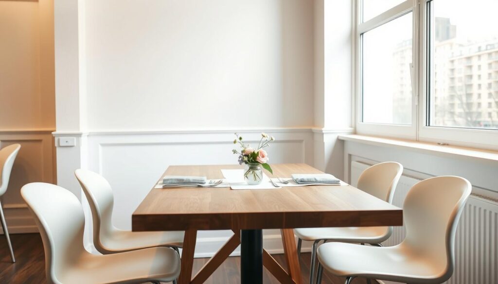A minimalist and modern brunch setting in a cozy, well-lit cafe. A simple yet elegant wooden table with a crisp white tablecloth and a small vase of fresh flowers in the center. Soft, natural lighting from large windows casts a warm glow on the scene. Sleek, minimalist chairs in a neutral color palette surround the table, creating a balanced and harmonious composition. The background features clean, white walls with subtle textures, conveying a sense of understated sophistication. The overall atmosphere is calm, serene, and inviting, perfectly capturing the essence of a refined and contemporary brunch experience.