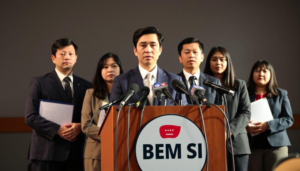A press conference setting with a panel of student activists dressed in formal attire, standing behind a podium emblazoned with the "BEM SI" logo. Soft, natural lighting illuminates their serious expressions as they deliver a measured, thoughtful response to the camera. The background features a muted color palette, allowing the subjects to take center stage. The overall mood conveys a sense of authority, professionalism, and dedication to the student movement.