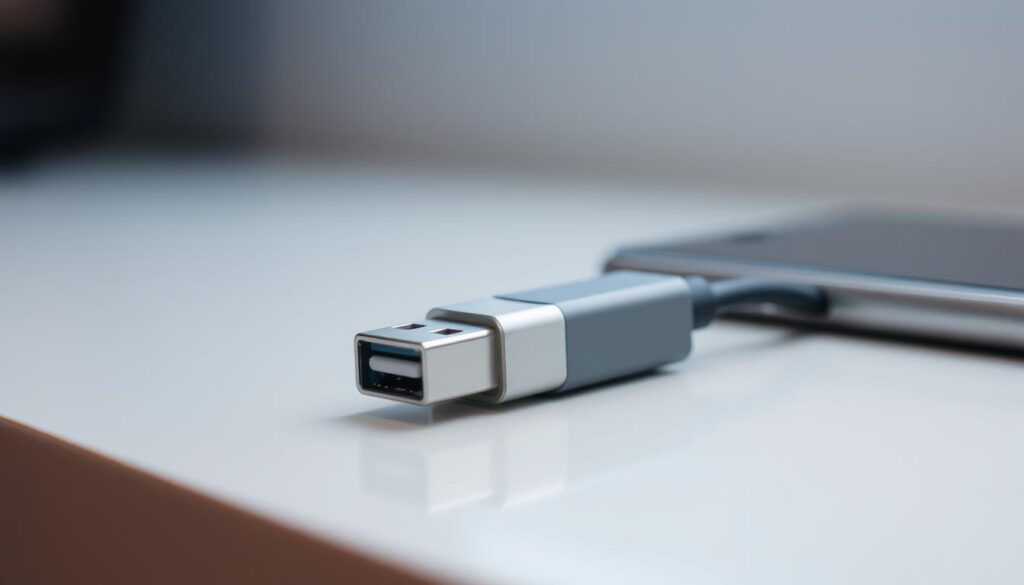 A close-up shot of a sleek, silver USB-A to USB-C adapter, positioned on a clean, minimalist surface. The adapter appears to be connected to a smartphone, suggesting the idea of "memory extension" using an OTG (On-The-Go) device. The scene is well-lit, with soft, directional lighting that creates subtle shadows and highlights the metallic finish of the adapter. The background is blurred, allowing the adapter to be the focal point of the image, conveying a sense of simplicity and focus on the core functionality. A close-up shot of a sleek, silver USB-A to USB-C adapter, positioned on a clean, minimalist surface. The adapter appears to be connected to a smartphone, suggesting the idea of "memory extension" using an OTG (On-The-Go) device. The scene is well-lit, with soft, directional lighting that creates subtle shadows and highlights the metallic finish of the adapter. The background is blurred, allowing the adapter to be the focal point of the image, conveying a sense of simplicity and focus on the core functionality.