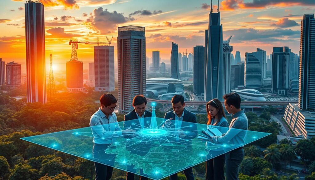 A futuristic urban landscape depicting the challenges of 5G implementation in Indonesia. In the foreground, a diverse group of professionals in business attire are huddled around a holographic map, analyzing connectivity data. The middle ground features tall, modern buildings with visible 5G antennas and towers, interspersed with areas of dense greenery, showcasing the clash of infrastructure and nature. The background includes a busy city skyline under a colorful sunset, casting an amber glow over the scene. Dramatic lighting emphasizes the professionals' focused expressions as they discuss solutions. The atmosphere is one of urgency and innovation, highlighting the technological hurdles in a rapidly evolving digital landscape. A futuristic urban landscape depicting the challenges of 5G implementation in Indonesia. In the foreground, a diverse group of professionals in business attire are huddled around a holographic map, analyzing connectivity data. The middle ground features tall, modern buildings with visible 5G antennas and towers, interspersed with areas of dense greenery, showcasing the clash of infrastructure and nature. The background includes a busy city skyline under a colorful sunset, casting an amber glow over the scene. Dramatic lighting emphasizes the professionals' focused expressions as they discuss solutions. The atmosphere is one of urgency and innovation, highlighting the technological hurdles in a rapidly evolving digital landscape.