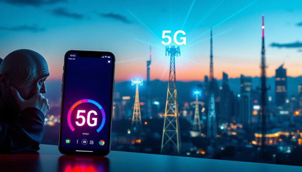 A high-tech comparison scene showcasing network speed differences between 5G and previous technologies. In the foreground, a sleek, modern smartphone displays a speed test result with vibrant, glowing numbers indicating fast speeds. To the left, an older smartphone shows significantly lower speeds, displaying frustration. In the middle ground, abstract representations of 5G towers with beams of light radiating outward, symbolizing speed, while outdated technology towers appear dull and static. The background features a city skyline at dusk with dynamic lighting, emphasizing a sense of advancement and connectivity. The atmosphere is energetic and forward-looking, with a blend of cool and warm lighting to evoke a feeling of innovation and progress. A high-tech comparison scene showcasing network speed differences between 5G and previous technologies. In the foreground, a sleek, modern smartphone displays a speed test result with vibrant, glowing numbers indicating fast speeds. To the left, an older smartphone shows significantly lower speeds, displaying frustration. In the middle ground, abstract representations of 5G towers with beams of light radiating outward, symbolizing speed, while outdated technology towers appear dull and static. The background features a city skyline at dusk with dynamic lighting, emphasizing a sense of advancement and connectivity. The atmosphere is energetic and forward-looking, with a blend of cool and warm lighting to evoke a feeling of innovation and progress.