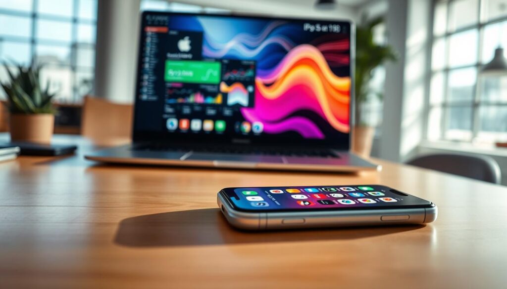 A high-tech depiction of the iOS operating system performance, showcasing a sleek iPhone interface with vibrant app icons arranged harmoniously on the screen. In the foreground, a minimalist workspace features the iPhone placed on a polished wooden desk beside a laptop displaying a vibrant iOS dashboard, emphasizing the seamless integration of Apple’s ecosystem. The middle ground transitions to a soft-focus view of abstract swirling lines of data and digital elements, representing speed and connectivity. In the background, a bright, modern office setting with large windows letting in natural light, casting soft shadows, conveys a sense of innovation and professionalism. The overall mood is dynamic and sleek, highlighting the sophistication and performance of iOS.