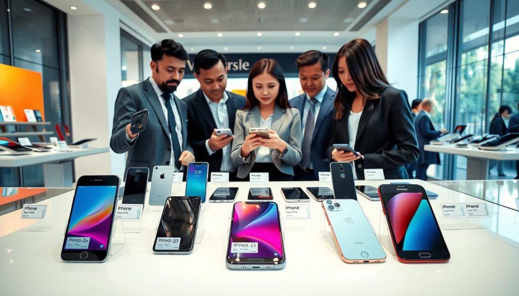 A modern retail setting showcasing both iPhones and Android devices prominently displayed on sleek, polished tables. In the foreground, several latest models of iPhones are artistically arranged, accompanied by price tags showing their costs in Indonesian Rupiah. The middle ground features a diverse group of professional individuals—two men in business attire and a woman in smart casual wear—examining the devices with expressions of curiosity and interest. The background reveals a vibrant store atmosphere, well-lit with natural light streaming through large glass windows, presenting a lively contrast between the products. The overall mood is informative and dynamic, highlighting the competitive landscape of smartphone pricing in Indonesia without any text or promotional material.