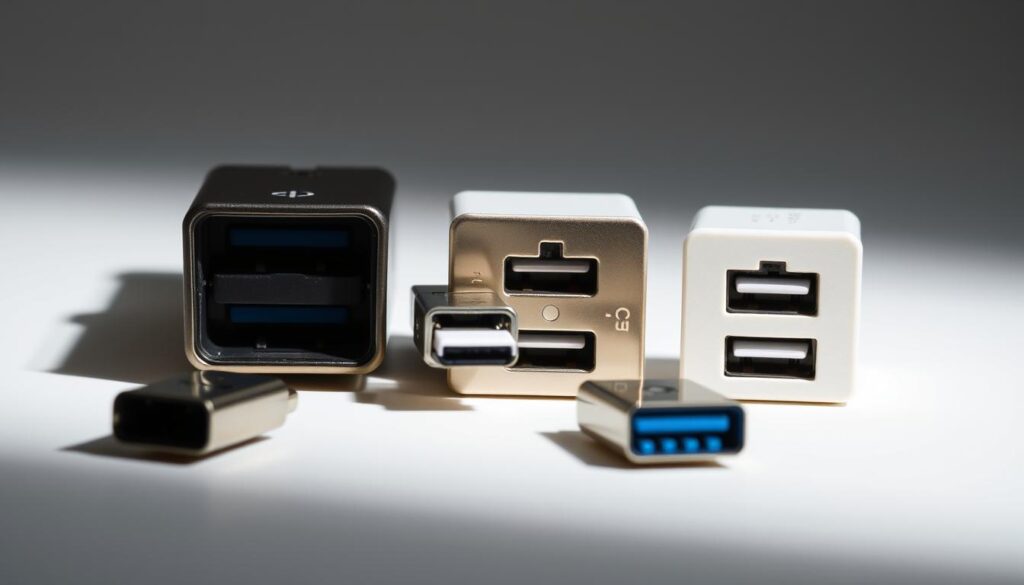 A well-lit close-up view of a variety of USB ports and connectors, including USB-A, USB-C, and micro-USB, arranged neatly against a clean, neutral background. The ports should be crisp, detailed, and showcased from multiple angles to highlight their form and function. The lighting should be soft and diffused, creating a sense of depth and emphasizing the textures and materials of the ports. The overall composition should be balanced and visually appealing, conveying the importance and versatility of these essential connectivity interfaces. A well-lit close-up view of a variety of USB ports and connectors, including USB-A, USB-C, and micro-USB, arranged neatly against a clean, neutral background. The ports should be crisp, detailed, and showcased from multiple angles to highlight their form and function. The lighting should be soft and diffused, creating a sense of depth and emphasizing the textures and materials of the ports. The overall composition should be balanced and visually appealing, conveying the importance and versatility of these essential connectivity interfaces.