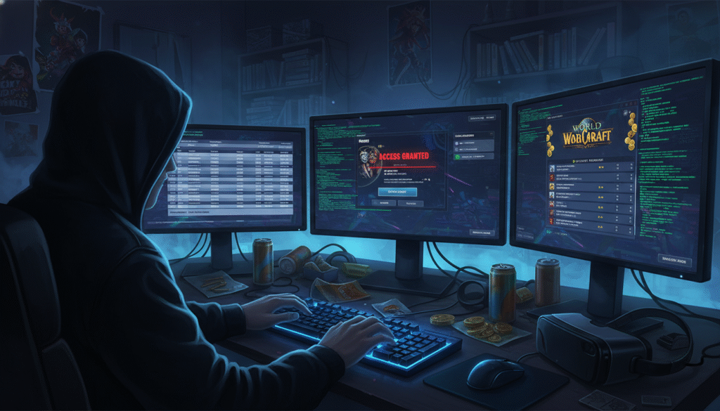 A dark, moody digital environment depicting a hacker's workspace, featuring multiple monitors displaying game accounts being accessed illegally. In the foreground, a shadowy figure wearing a hoodie, with only their hands visible, is typing furiously on a keyboard, emphasizing the urgency of the account theft. The middle layer shows glowing screens filled with lines of code and game icons, while the background reveals a cluttered room, scattered with gaming paraphernalia and energy drink cans, creating an atmosphere of tension and danger. The lighting is dim, with a soft blue hue illuminating the screens, casting eerie shadows. The overall mood conveys a sense of illicit activity and the looming threat of account theft in the gaming community. A dark, moody digital environment depicting a hacker's workspace, featuring multiple monitors displaying game accounts being accessed illegally. In the foreground, a shadowy figure wearing a hoodie, with only their hands visible, is typing furiously on a keyboard, emphasizing the urgency of the account theft. The middle layer shows glowing screens filled with lines of code and game icons, while the background reveals a cluttered room, scattered with gaming paraphernalia and energy drink cans, creating an atmosphere of tension and danger. The lighting is dim, with a soft blue hue illuminating the screens, casting eerie shadows. The overall mood conveys a sense of illicit activity and the looming threat of account theft in the gaming community.