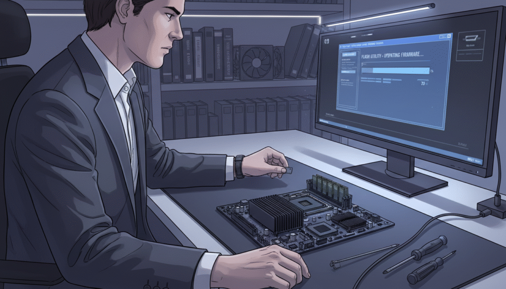 A detailed close-up illustration of a person seated at a modern workspace, focused on updating the BIOS firmware of a motherboard. The individual, dressed in professional business attire, is intently looking at a computer screen displaying BIOS settings, with a motherboard in the foreground showcasing its intricate components. The workspace is well-lit with soft, diffused lighting highlighting the electronic components and tools around, such as a USB drive and anti-static wrist strap. In the background, shelves filled with technical manuals and hardware add context, creating a focused and informative atmosphere. The composition captures the seriousness of technical troubleshooting while maintaining a clear, educational tone. A detailed close-up illustration of a person seated at a modern workspace, focused on updating the BIOS firmware of a motherboard. The individual, dressed in professional business attire, is intently looking at a computer screen displaying BIOS settings, with a motherboard in the foreground showcasing its intricate components. The workspace is well-lit with soft, diffused lighting highlighting the electronic components and tools around, such as a USB drive and anti-static wrist strap. In the background, shelves filled with technical manuals and hardware add context, creating a focused and informative atmosphere. The composition captures the seriousness of technical troubleshooting while maintaining a clear, educational tone.