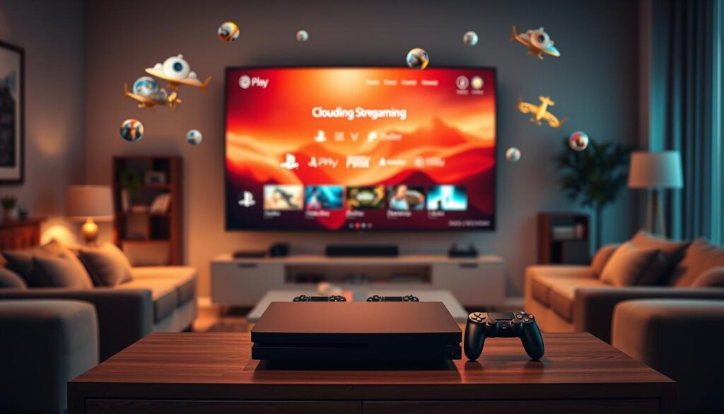 A dynamic scene showcasing a cloud streaming platform for PlayStation, centered around an elegant, modern streaming interface displayed on a large, sleek TV screen. In the foreground, a stylish gaming console sits on a contemporary entertainment center, with a pair of high-tech gaming controllers beside it. The middle ground features a cozy living room setting with comfortable couches and ambient lighting, casting a warm glow. In the background, digital elements such as floating game icons and vibrant graphics symbolize cloud technology and game streaming. The scene is illuminated with soft, diffused lighting, creating a relaxed yet excited atmosphere. The image conveys a sense of innovation and leisure, ideal for gaming enthusiasts. A dynamic scene showcasing a cloud streaming platform for PlayStation, centered around an elegant, modern streaming interface displayed on a large, sleek TV screen. In the foreground, a stylish gaming console sits on a contemporary entertainment center, with a pair of high-tech gaming controllers beside it. The middle ground features a cozy living room setting with comfortable couches and ambient lighting, casting a warm glow. In the background, digital elements such as floating game icons and vibrant graphics symbolize cloud technology and game streaming. The scene is illuminated with soft, diffused lighting, creating a relaxed yet excited atmosphere. The image conveys a sense of innovation and leisure, ideal for gaming enthusiasts.