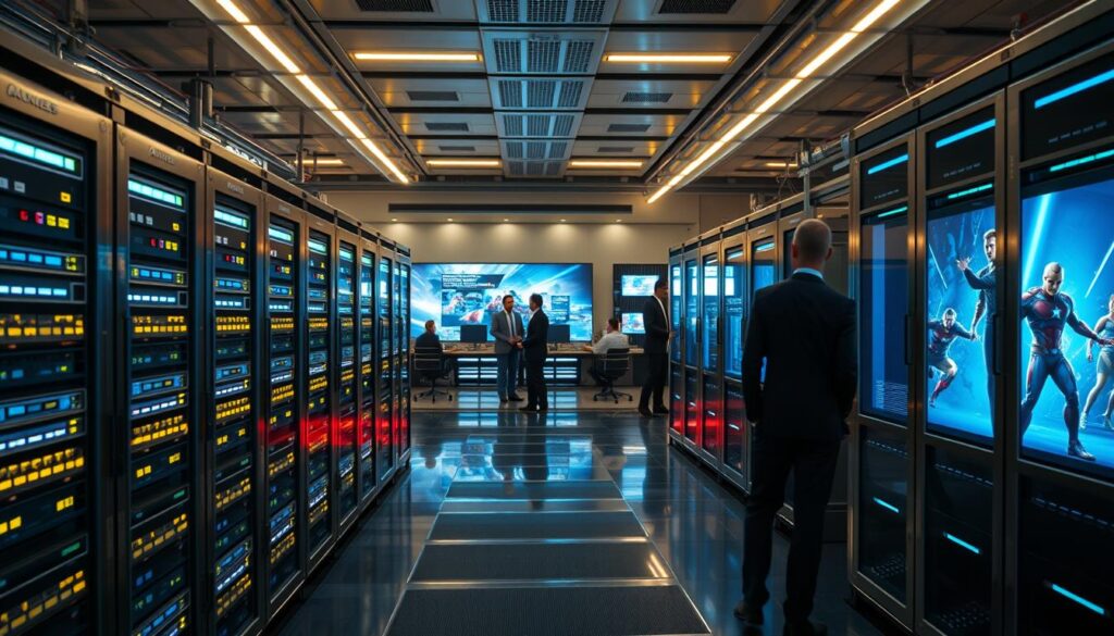 A futuristic render farm inspired by Marvel Studios, showcasing rows of powerful, high-performance computers in a sleek, ultra-modern environment. In the foreground, illuminated servers are actively processing visual data, featuring glowing LED lights reflecting off polished metallic surfaces. The middle ground includes large screens displaying vibrant, animated scenes reminiscent of Avengers: Endgame, highlighting iconic characters and epic moments. The background features a high-tech control center with professionals in business attire collaborating purposefully, surrounded by digital displays and holographic interfaces. Ambient lighting casts a dynamic, cinematic atmosphere, with a slight focus on the interplay between technology and artistry. The angle captures the depth of the facility, emphasizing its scale and sophisticated design. A futuristic render farm inspired by Marvel Studios, showcasing rows of powerful, high-performance computers in a sleek, ultra-modern environment. In the foreground, illuminated servers are actively processing visual data, featuring glowing LED lights reflecting off polished metallic surfaces. The middle ground includes large screens displaying vibrant, animated scenes reminiscent of Avengers: Endgame, highlighting iconic characters and epic moments. The background features a high-tech control center with professionals in business attire collaborating purposefully, surrounded by digital displays and holographic interfaces. Ambient lighting casts a dynamic, cinematic atmosphere, with a slight focus on the interplay between technology and artistry. The angle captures the depth of the facility, emphasizing its scale and sophisticated design.