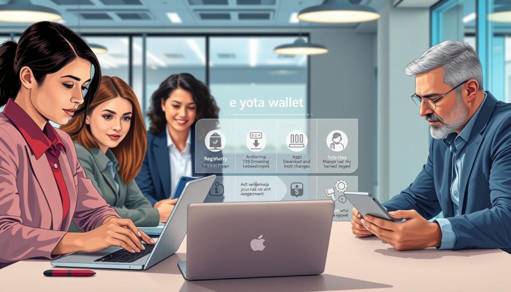 A professional and detailed illustration of the process of registering for a digital wallet. In the foreground, a diverse group of individuals, including a young woman in professional attire and a middle-aged man in smart casual clothing, are sitting at a table with laptops and smartphones. They are engaged in a discussion, looking at their screens with expressions of concentration and determination. In the middle ground, a large infographic displaying simplified steps for e-wallet registration is visible, with icons for security, app download, and user verification. The background features a modern office environment with bright, inviting lighting from large windows. The overall mood is focused yet collaborative, emphasizing professionalism and clarity in the digital age. A professional and detailed illustration of the process of registering for a digital wallet. In the foreground, a diverse group of individuals, including a young woman in professional attire and a middle-aged man in smart casual clothing, are sitting at a table with laptops and smartphones. They are engaged in a discussion, looking at their screens with expressions of concentration and determination. In the middle ground, a large infographic displaying simplified steps for e-wallet registration is visible, with icons for security, app download, and user verification. The background features a modern office environment with bright, inviting lighting from large windows. The overall mood is focused yet collaborative, emphasizing professionalism and clarity in the digital age.