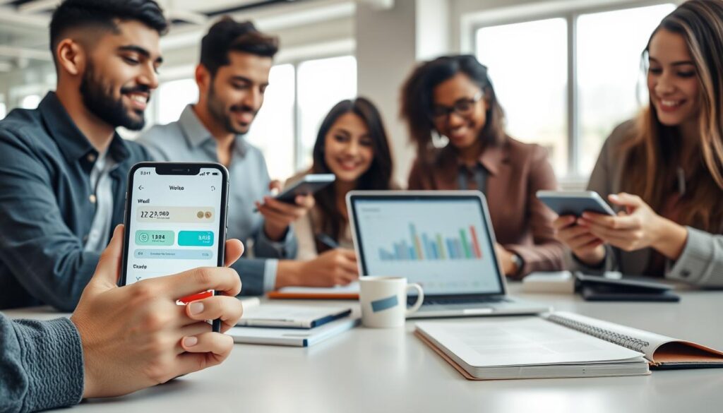 A professional, clean workspace featuring a young, diverse group of individuals wearing smart casual attire, engaged in the efficient management of a digital wallet on their devices. In the foreground, a modern smartphone displaying an e-wallet app is prominently placed, with fingers interacting with the screen. In the middle ground, a laptop with an open digital finance dashboard can be seen, alongside notebooks and coffee cups, symbolizing productivity. The background showcases a bright, airy office environment with large windows letting in soft natural light, adding an inviting atmosphere. The overall mood is focused and collaborative, highlighting responsible and secure e-wallet management. The angle is slightly elevated, providing a comprehensive view of the scene while maintaining clarity on the technology being used. A professional, clean workspace featuring a young, diverse group of individuals wearing smart casual attire, engaged in the efficient management of a digital wallet on their devices. In the foreground, a modern smartphone displaying an e-wallet app is prominently placed, with fingers interacting with the screen. In the middle ground, a laptop with an open digital finance dashboard can be seen, alongside notebooks and coffee cups, symbolizing productivity. The background showcases a bright, airy office environment with large windows letting in soft natural light, adding an inviting atmosphere. The overall mood is focused and collaborative, highlighting responsible and secure e-wallet management. The angle is slightly elevated, providing a comprehensive view of the scene while maintaining clarity on the technology being used.