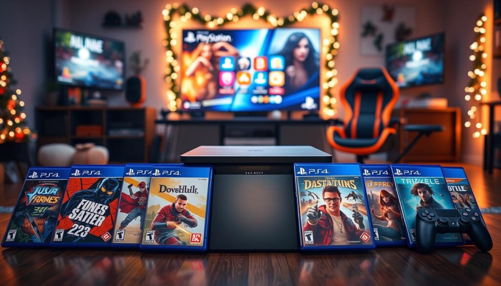 A vibrant and dynamic layout showcasing a selection of new PlayStation games for December. In the foreground, display a variety of game cases with colorful artwork and logos, representing diverse genres like action, adventure, and puzzle. In the middle ground, position a sleek gaming console with a modern design, illuminated by soft ambient light. In the background, create a cozy gaming setup featuring a stylish gaming chair and a large LED screen displaying the PlayStation interface. The lighting should be warm and inviting, with a slight glow emphasizing the game covers. Capture a sense of excitement and anticipation in this festive gaming scene, reflecting the buzz around upcoming releases for the holiday season. A vibrant and dynamic layout showcasing a selection of new PlayStation games for December. In the foreground, display a variety of game cases with colorful artwork and logos, representing diverse genres like action, adventure, and puzzle. In the middle ground, position a sleek gaming console with a modern design, illuminated by soft ambient light. In the background, create a cozy gaming setup featuring a stylish gaming chair and a large LED screen displaying the PlayStation interface. The lighting should be warm and inviting, with a slight glow emphasizing the game covers. Capture a sense of excitement and anticipation in this festive gaming scene, reflecting the buzz around upcoming releases for the holiday season.