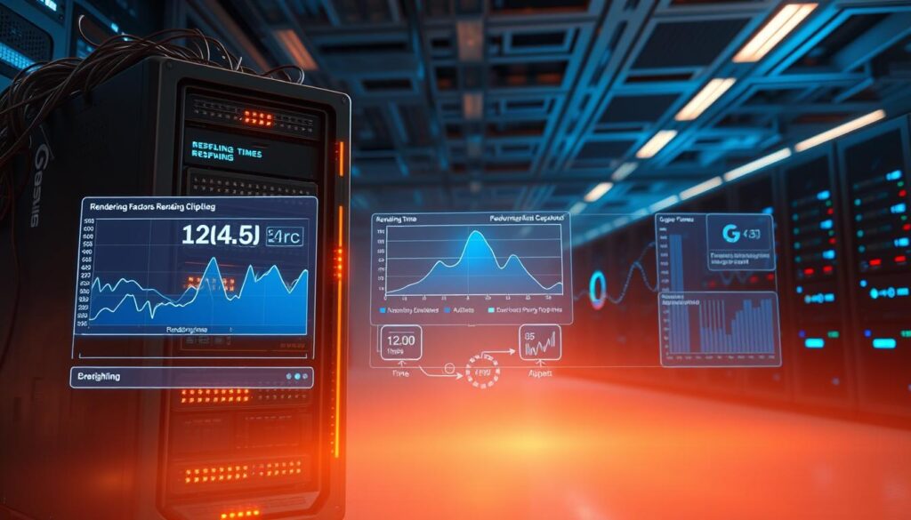 A visually striking scene illustrating the concept of rendering factors in a supercomputer environment. In the foreground, a high-tech supercomputer with blinking lights and intricate wiring, positioned prominently and exuding an aura of power. In the middle ground, digital graphs and data flow charts showcasing rendering time and efficiency, illuminated with soft, blue ambient lighting for a futuristic feel. The background features a sleek, modern data center filled with rows of server racks, subtly blurred to emphasize the foreground. Warm lighting highlights the computer's panels, creating a contrast with the cool tones of the data visualizations. The atmosphere is dynamic and high-energy, suggesting the complexity and speed of digital rendering processes in the filmmaking industry. A visually striking scene illustrating the concept of rendering factors in a supercomputer environment. In the foreground, a high-tech supercomputer with blinking lights and intricate wiring, positioned prominently and exuding an aura of power. In the middle ground, digital graphs and data flow charts showcasing rendering time and efficiency, illuminated with soft, blue ambient lighting for a futuristic feel. The background features a sleek, modern data center filled with rows of server racks, subtly blurred to emphasize the foreground. Warm lighting highlights the computer's panels, creating a contrast with the cool tones of the data visualizations. The atmosphere is dynamic and high-energy, suggesting the complexity and speed of digital rendering processes in the filmmaking industry.