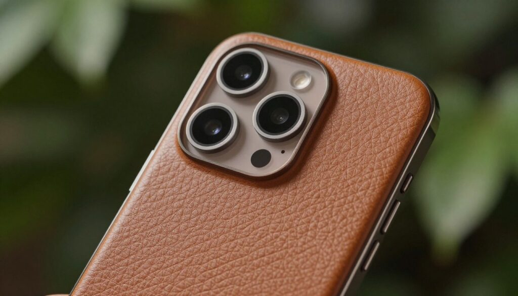 A close-up view of a sleek smartphone designed with vegan leather, showcasing its textured surface that exudes warmth and sophistication. The smartphone is centered in the composition, with the rich, mottled pattern of the vegan leather highlighted under soft, diffused natural light that creates subtle reflections. In the background, gently blurred greenery suggests an eco-friendly theme, enhancing the focus on the phone. The angle is slightly tilted, emphasizing both the ergonomic design and the luxurious texture. The mood is inviting and modern, evoking a sense of personalization and sustainability for tech enthusiasts in 2026. A close-up view of a sleek smartphone designed with vegan leather, showcasing its textured surface that exudes warmth and sophistication. The smartphone is centered in the composition, with the rich, mottled pattern of the vegan leather highlighted under soft, diffused natural light that creates subtle reflections. In the background, gently blurred greenery suggests an eco-friendly theme, enhancing the focus on the phone. The angle is slightly tilted, emphasizing both the ergonomic design and the luxurious texture. The mood is inviting and modern, evoking a sense of personalization and sustainability for tech enthusiasts in 2026.