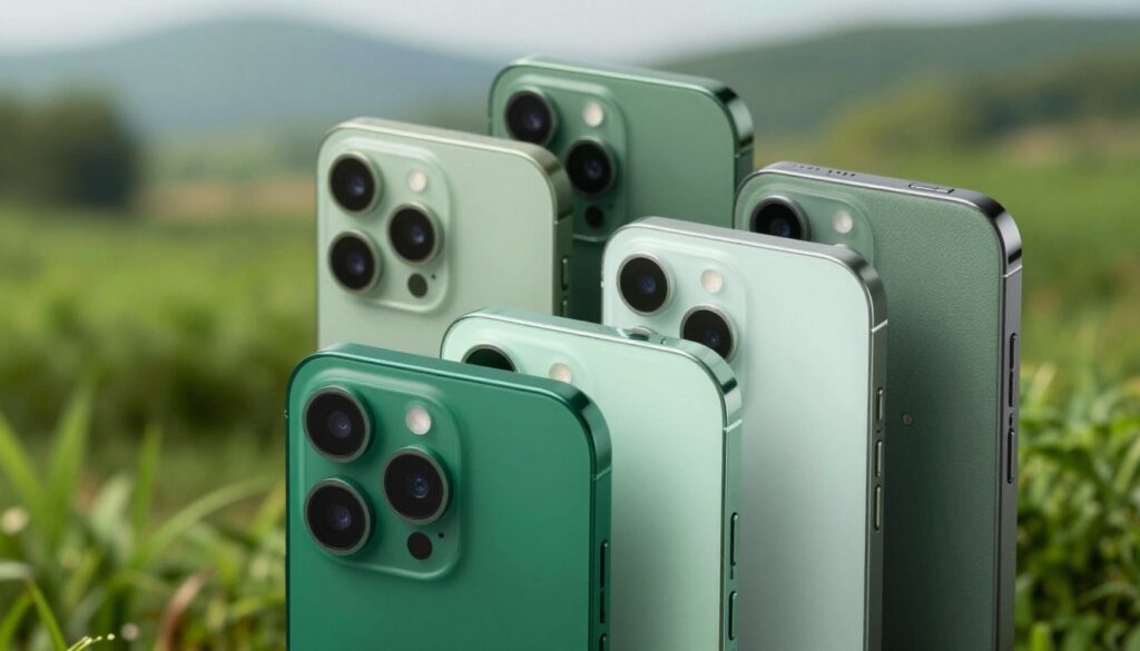 A collection of smartphones in various shades of green, showcasing the elegance and versatility of this color trend. In the foreground, focus on a modern smartphone with a sleek, glossy finish, displaying rich emerald and soft mint hues. In the middle ground, arrange additional smartphones, each reflecting different textures and materials, such as matte, metallic, and vegan leather finishes, all in green tones. The background should feature a soft, blurred natural landscape with lush greenery, symbolizing sustainability and harmony with nature. Use soft, natural lighting to enhance the colors and textures, creating a serene and inviting atmosphere. The angle should capture the devices from a slightly elevated perspective, emphasizing their contemporary design while maintaining a professional, polished look. A collection of smartphones in various shades of green, showcasing the elegance and versatility of this color trend. In the foreground, focus on a modern smartphone with a sleek, glossy finish, displaying rich emerald and soft mint hues. In the middle ground, arrange additional smartphones, each reflecting different textures and materials, such as matte, metallic, and vegan leather finishes, all in green tones. The background should feature a soft, blurred natural landscape with lush greenery, symbolizing sustainability and harmony with nature. Use soft, natural lighting to enhance the colors and textures, creating a serene and inviting atmosphere. The angle should capture the devices from a slightly elevated perspective, emphasizing their contemporary design while maintaining a professional, polished look.