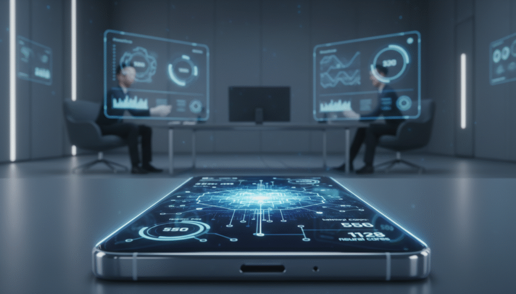 A futuristic, sleek smartphone, the Galaxy S26, positioned prominently in the foreground, displaying an interactive screen with vibrant graphics showcasing AI performance metrics. Behind it, a blurred office environment featuring modern technology and digital displays, suggesting a high-tech atmosphere. Soft, diffused lighting creates a professional mood, highlighting the phone while imparting a sense of innovation. The image should be shot from a slight low angle to emphasize the device's advanced design. A color palette of blues and silvers exudes a cutting-edge feel, while a faint glow emanates from the smartphone screen, symbolizing its powerful AI features. Captured with a focus on clarity and detail, the composition remains clean and devoid of any text, watermarks, or distractions.