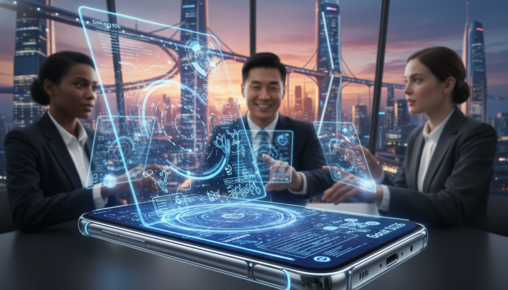 A futuristic smartphone, the Galaxy S26, prominently displayed in the foreground, showcasing its sleek design and holographic interface. In the middle ground, a diverse group of professionals in business attire are engaged with the AI features of the device, demonstrating collaboration and innovation. The background features a modern city skyline at dusk, bathed in warm, ambient lighting, symbolizing a technology-driven future. Soft glows from city lights emanate, creating a vibrant yet serene atmosphere. The lens perspective is slightly elevated, capturing the excitement in the interaction while maintaining focus on the S26, portraying an evolution in mobile AI technology. The overall mood is optimistic and forward-thinking, reflecting potential breakthroughs in artificial intelligence.